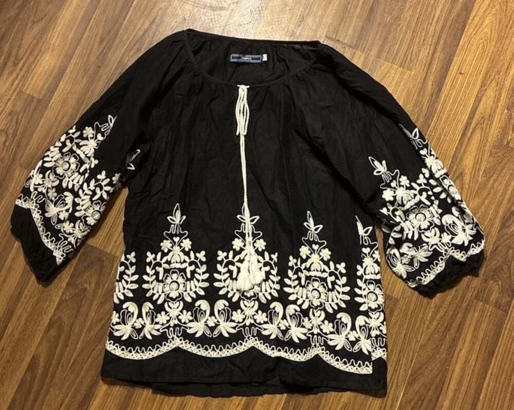 Highness Black Embroidered Boho Peasant Blouse with Tassel Tie